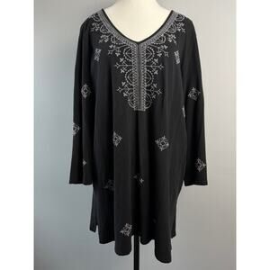 J. Jill Embroidered Large Tunic Top Black Cottage Lagenlook Boho VNeck Artsy